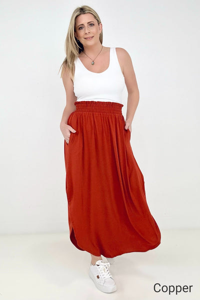 Zenana "Sydney" Smocked Waist Side Slit Maxi Skirt