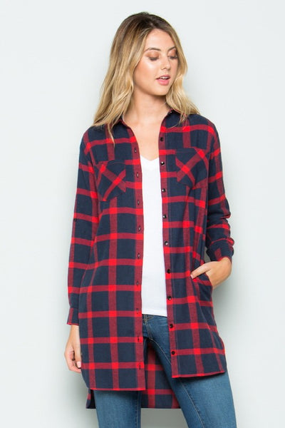 True Beginnings Plaid Button Up Flannel Tunic - Ruby Rebellion