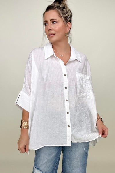 Umgee Pleated Batwing Short Sleeve Button Up Top