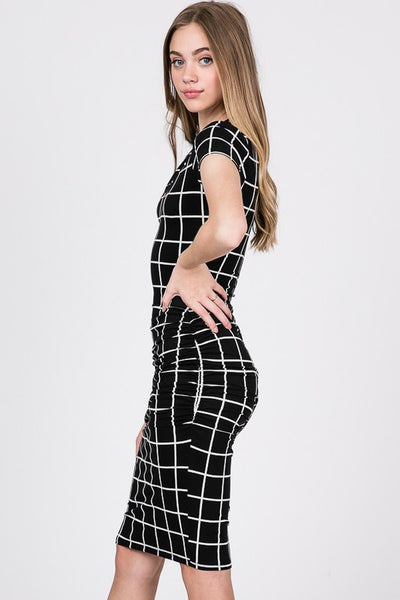 The Jolene Dress - Plaid Side Ruched Bodycon Midi Dress - Ruby Rebellion