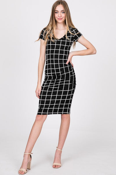 The Jolene Dress - Plaid Side Ruched Bodycon Midi Dress - Ruby Rebellion