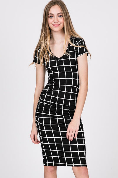 The Jolene Dress - Plaid Side Ruched Bodycon Midi Dress - Ruby Rebellion