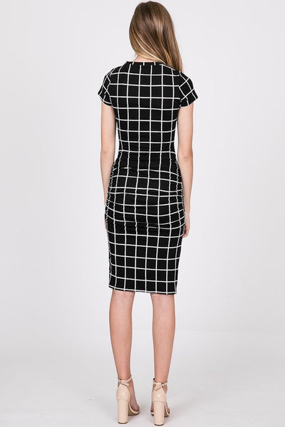 The Jolene Dress - Plaid Side Ruched Bodycon Midi Dress - Ruby Rebellion