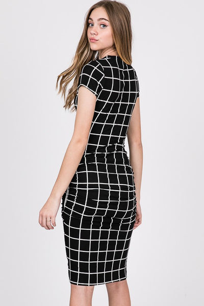 The Jolene Dress - Plaid Side Ruched Bodycon Midi Dress - Ruby Rebellion