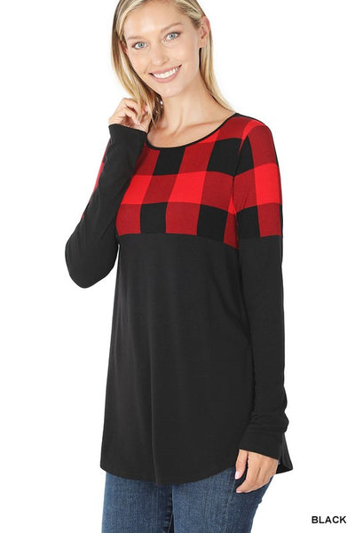 Buffalo Plaid Color Block Long Sleeve Top - Ruby Rebellion