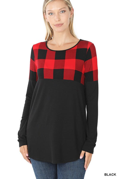 Buffalo Plaid Color Block Long Sleeve Top - Ruby Rebellion