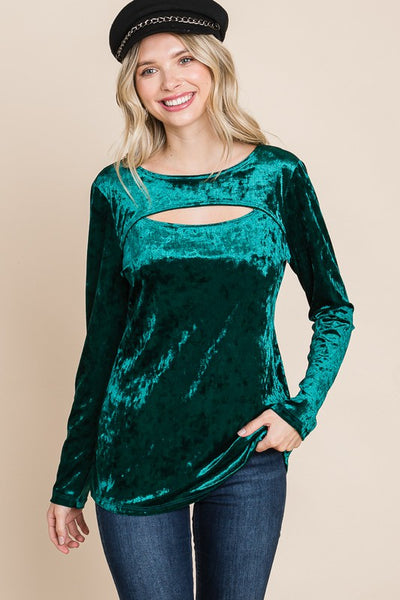 Emerald Ice Velvet Cut Out Neckline Top - Ruby Rebellion