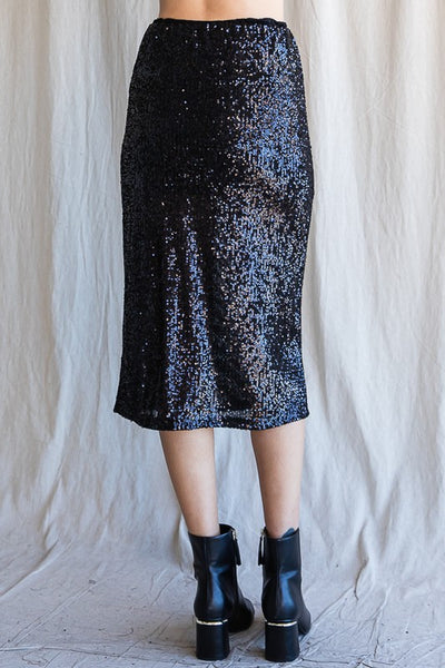 Black Sequin Split Thigh Midi Skirt - Ruby Rebellion