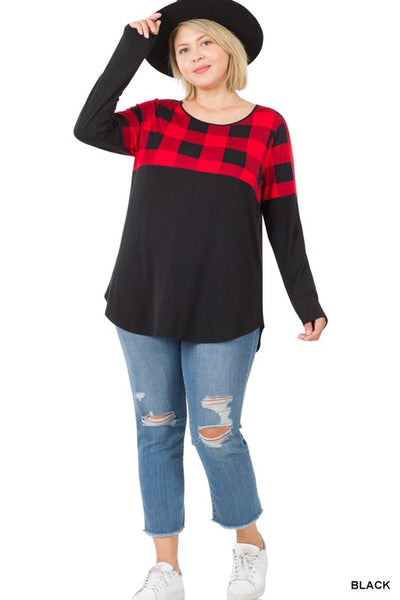 Buffalo Plaid Color Block Long Sleeve Top - Ruby Rebellion