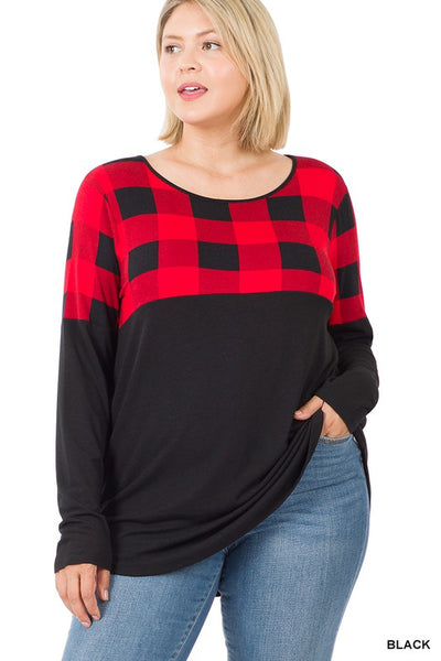 Buffalo Plaid Color Block Long Sleeve Top - Ruby Rebellion