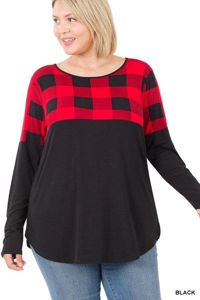 Buffalo Plaid Color Block Long Sleeve Top - Ruby Rebellion