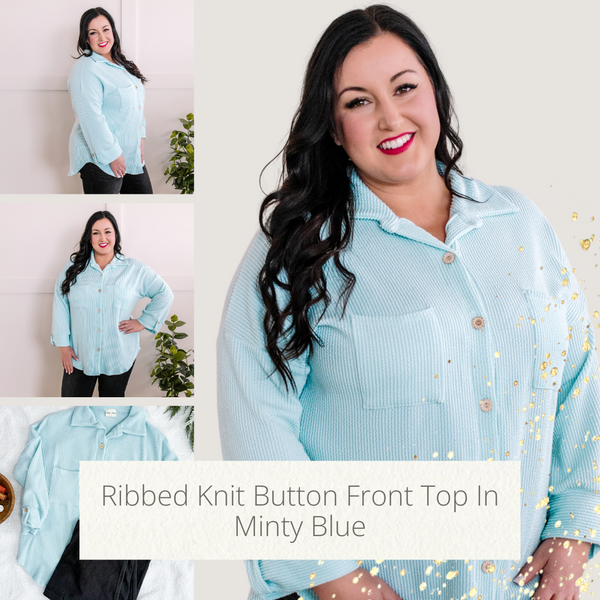 1.05 Ribbed Knit Button Front Top In Minty Blue
