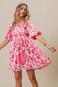 Tropical Floral Pattern Puff Sleeve Square Neck Dress