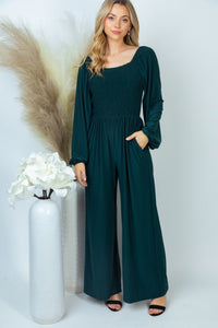 Smocked Gathered Wide-Leg Solid Knit Jumpsuit