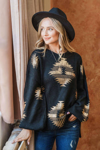 Aztec Foil Printed Balloon Sleeve Sweater