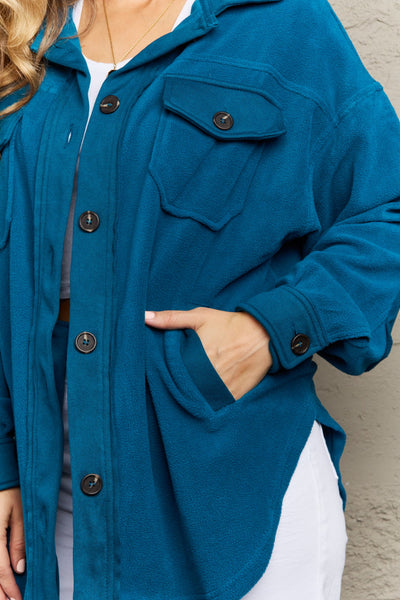 Cozy in the Cabin Elbow Patch Shacket in Teal