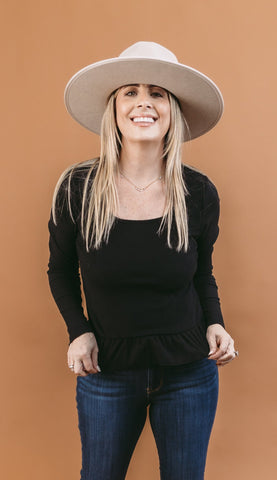 Square Neck Long Sleeve Solid Shirred Hemline Knit Top