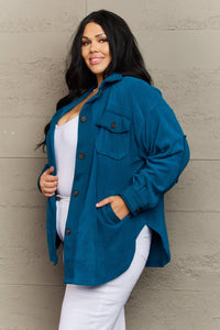 Cozy in the Cabin Elbow Patch Shacket in Teal