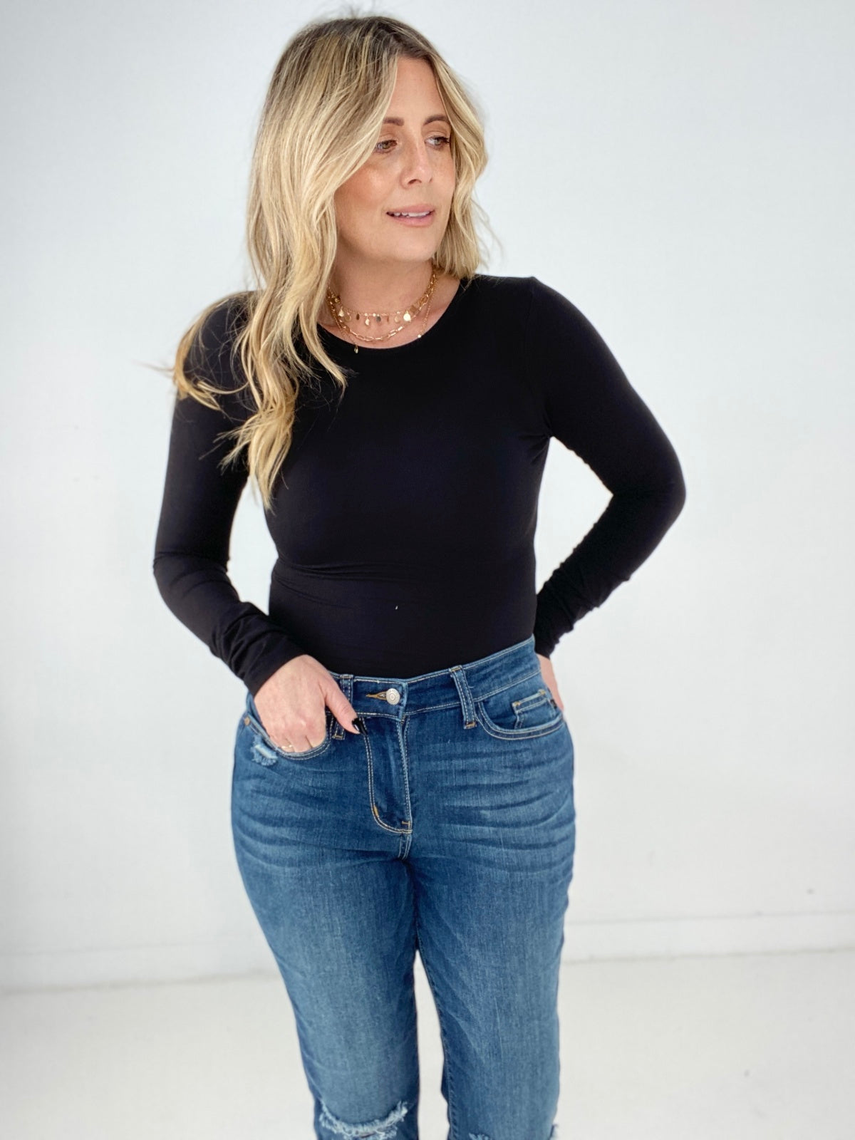 Rae Mode Solid Butter Round Neck Long Sleeve Bodysuit
