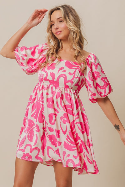 Tropical Floral Pattern Puff Sleeve Square Neck Dress