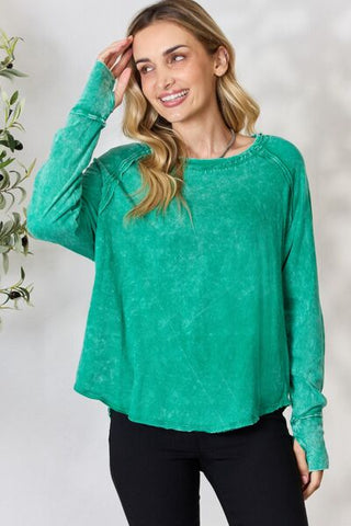 Enjoying the Simple Things Mineral Wash Long Sleeve Top in Kelly Green
