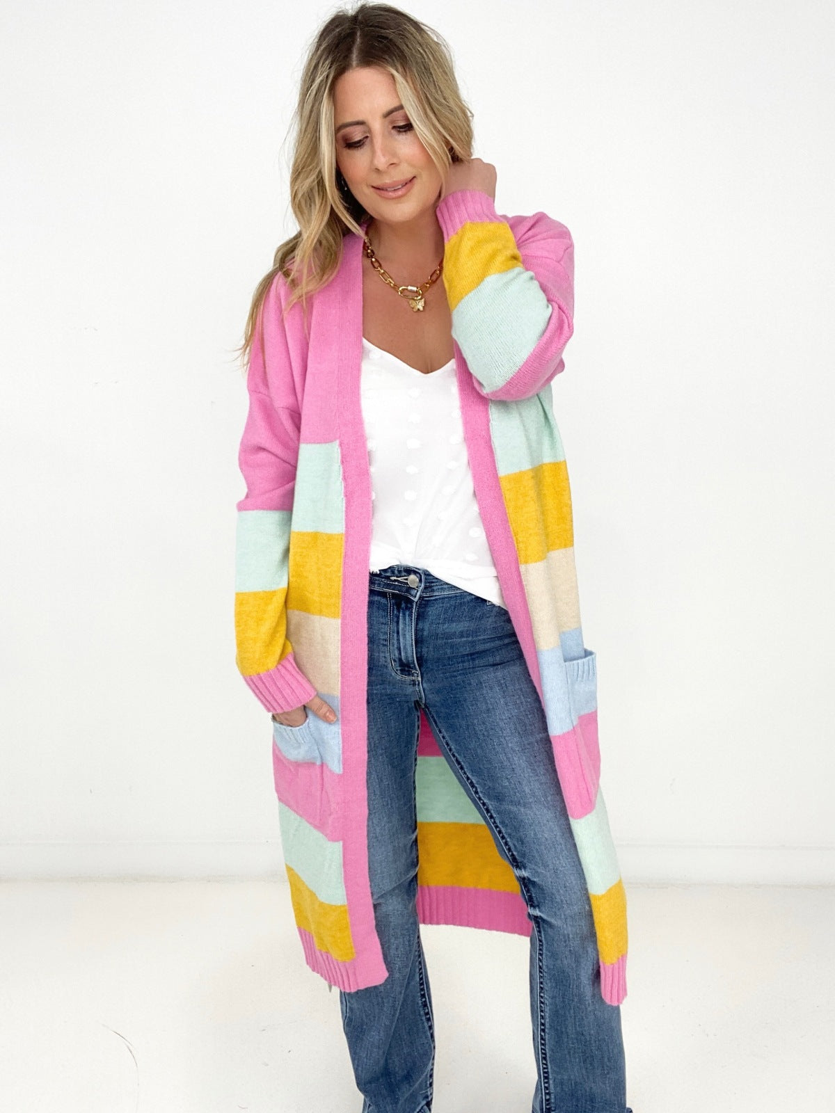 New Size - Candy Ribbon Color Block Long Knit Cardigan