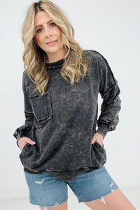 Zenana Acid Wash Raw Edge Front Pocket Pullover