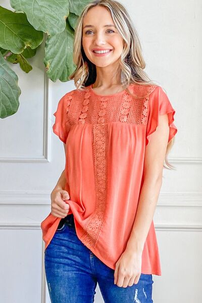 And The Why Coral Lace Detail Ruffle Short Sleeve Blouse