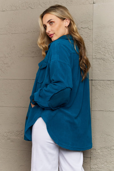 Cozy in the Cabin Elbow Patch Shacket in Teal