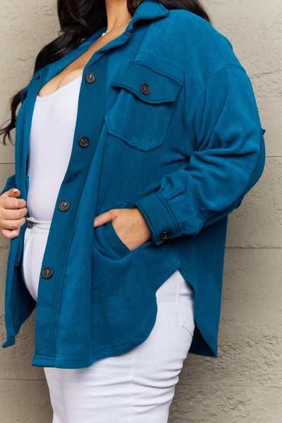 Cozy in the Cabin Elbow Patch Shacket in Teal