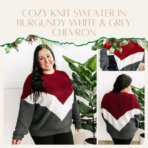 12.6 Cozy Knit Sweater In Burgundy White & Grey Chevron
