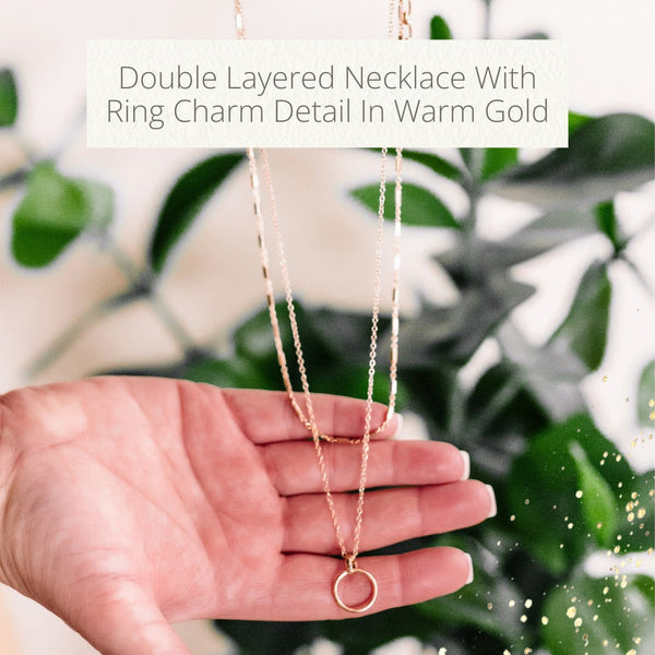 Double Layered Necklace With Ring Charm Detail In Warm Gold