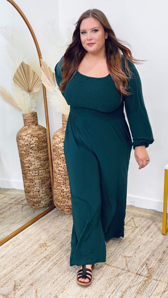 Smocked Gathered Wide-Leg Solid Knit Jumpsuit
