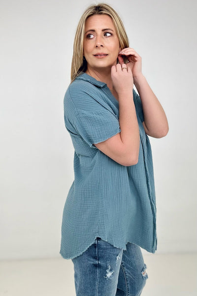 New Color - Zenana "April" Gauze Button Down Raw Edge Short Sleeve Top