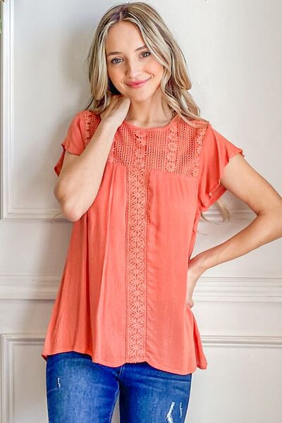 And The Why Coral Lace Detail Ruffle Short Sleeve Blouse