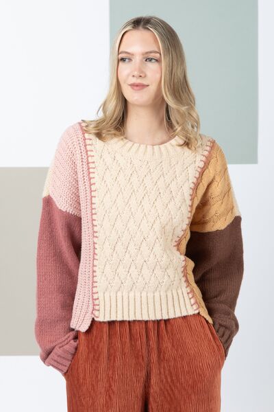 Very J Color Block Cable Knit Long Sleeve Sweater