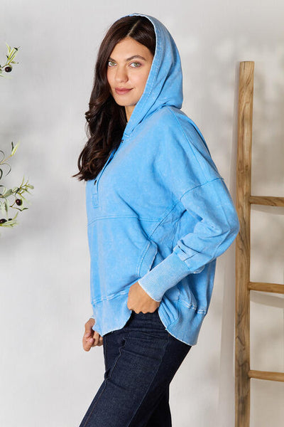 Deep Sky Half Snap Long Sleeve Hoodie with Pockets