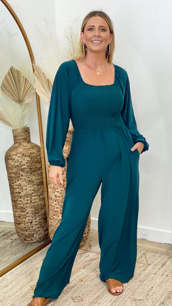 Smocked Gathered Wide-Leg Solid Knit Jumpsuit