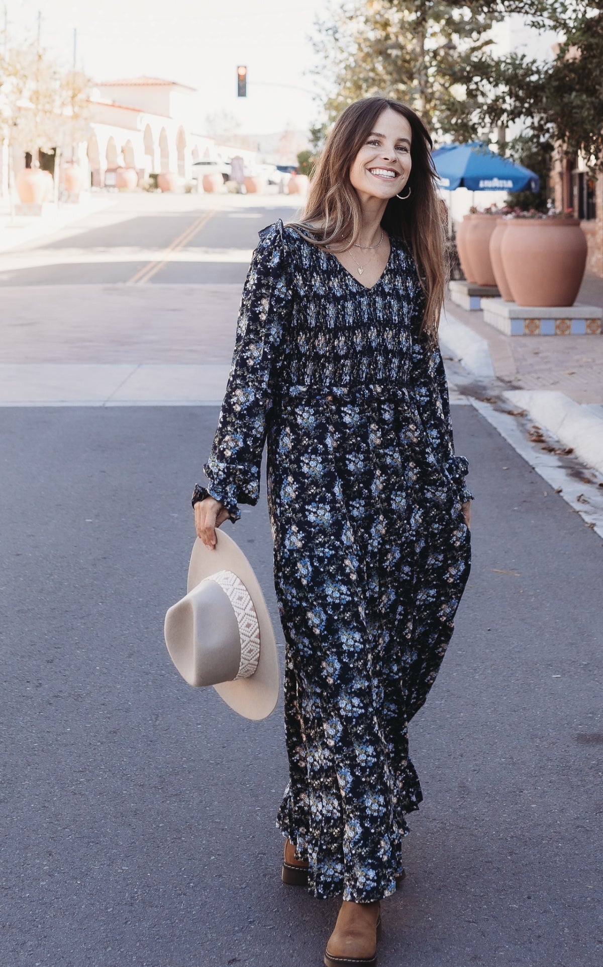 V-Neck Floral Smocked Bust Maxi Dress