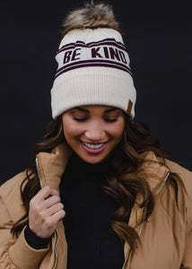 Beige & Burgundy Be Kind Pom Hat