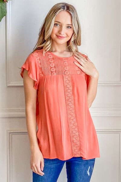 And The Why Coral Lace Detail Ruffle Short Sleeve Blouse