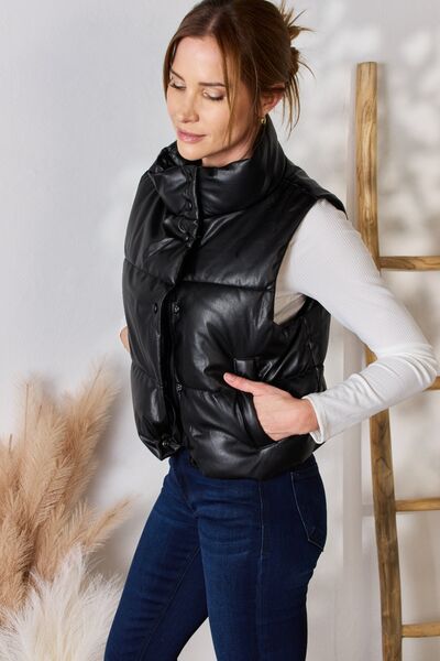A Touch of Edge Black Faux Leather Snap and Zip Closure Puffer Vest