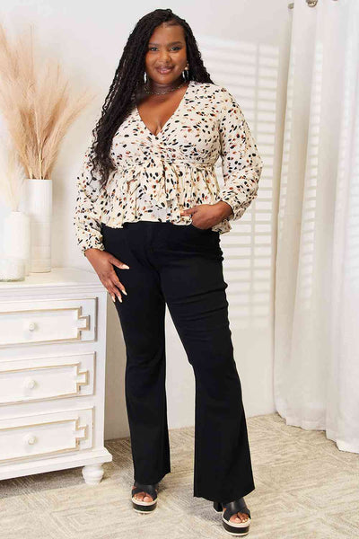 Touch of Elegance Tied Plunge Peplum Blouse