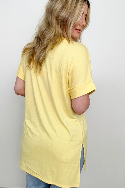 Cuffed Sleeve Side Slit High-Low Hem T-Shirt