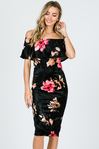 Floral Off Shoulder Body Con Dress - Ruby Rebellion