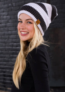 White w/ Dark Grey Stripes Slouchy Beanie