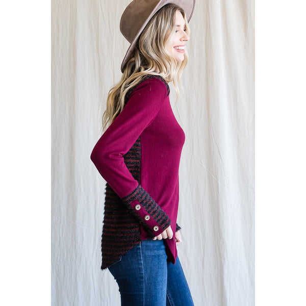 Burgundy Brushed Knit Top With Striped Back - Ruby Rebellion