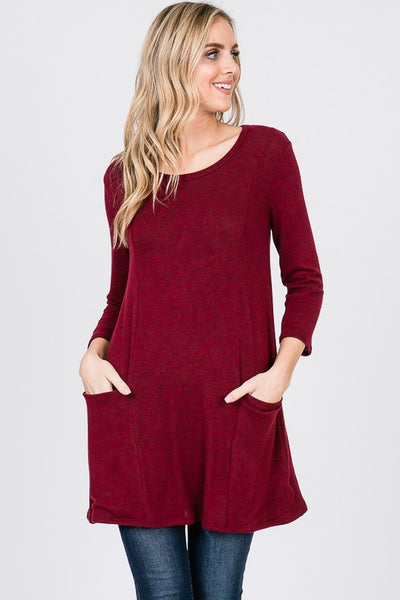 The Marian - 3/4 Sleeve Brushed Hacci Tunic Top - Ruby Rebellion