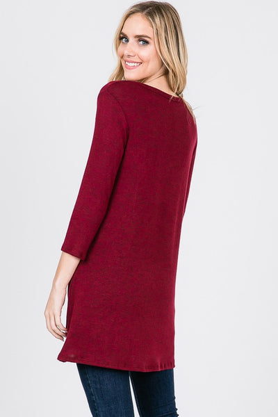 The Marian - 3/4 Sleeve Brushed Hacci Tunic Top - Ruby Rebellion