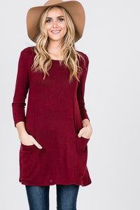 The Marian - 3/4 Sleeve Brushed Hacci Tunic Top - Ruby Rebellion